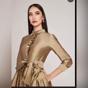 Rickie Freeman for Teri Jon Gold Taffeta Midi Shirtdress